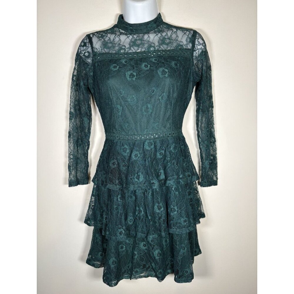Holiday Green Lace Ruffled Long Sleeve Mini‎ Dress Size XS Christmas Party